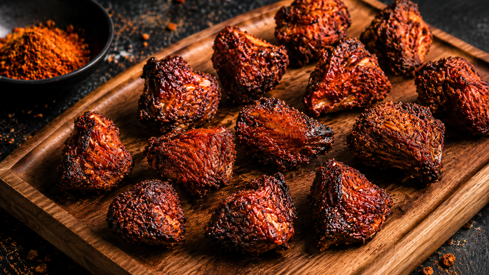 Crackly golden-mahogany lion's mane bites on a wooden board with a small dish of smoked paprika alongside
