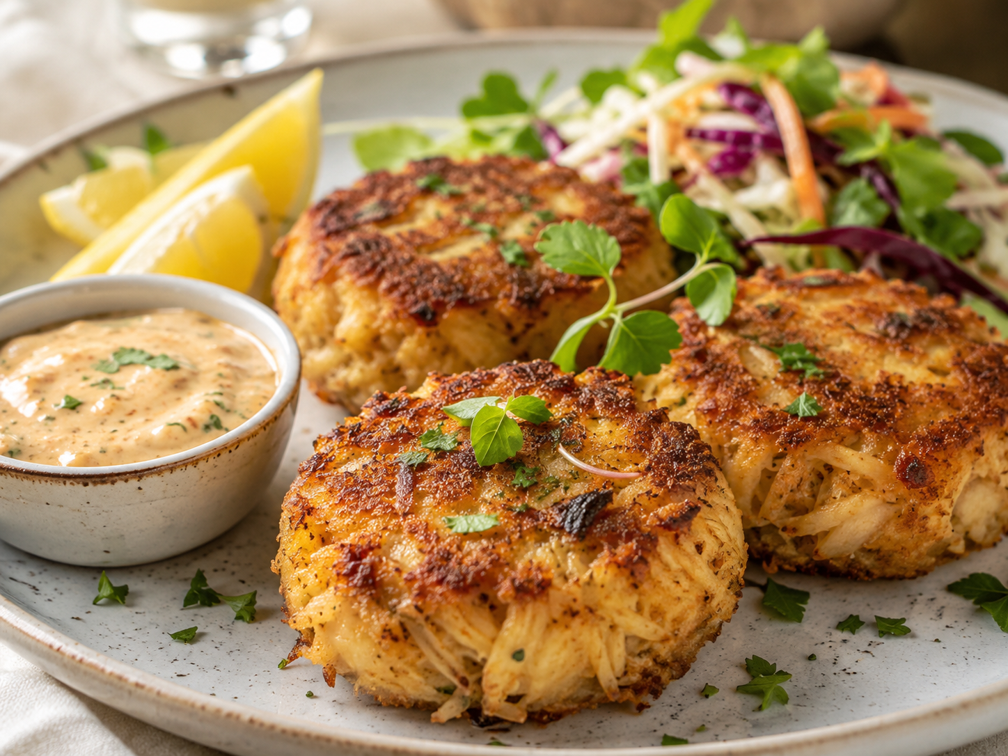 Golden-fried lion's mane crab cakes with visible shreds, served with tartar sauce, lemon wedges, and slaw