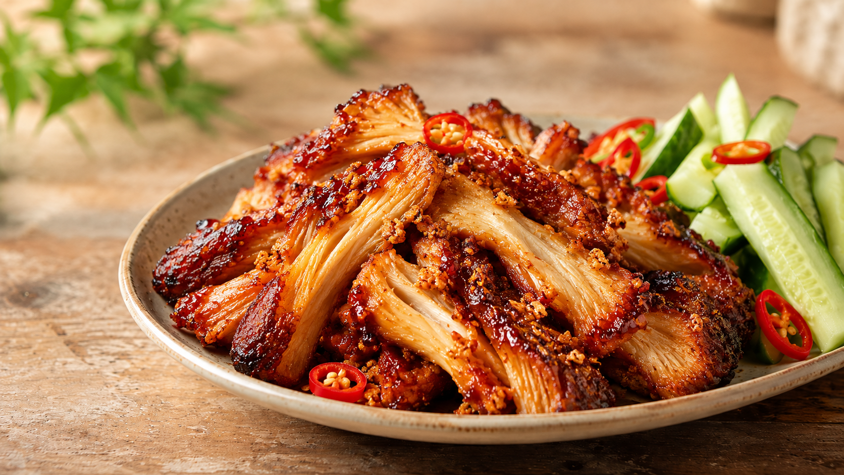 Sticky red lacquered lion's mane mushroom riblets plated with sliced cucumber and Thai chilies