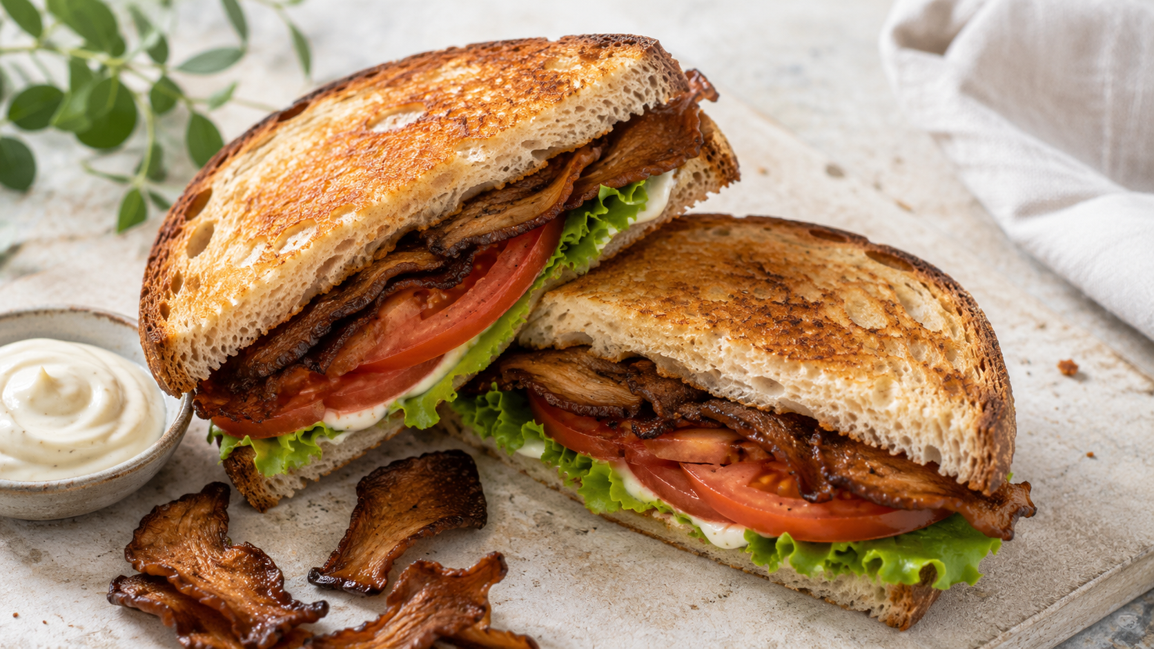 Oyster mushroom BLT, cross-section on a wooden board with a ramekin of aioli