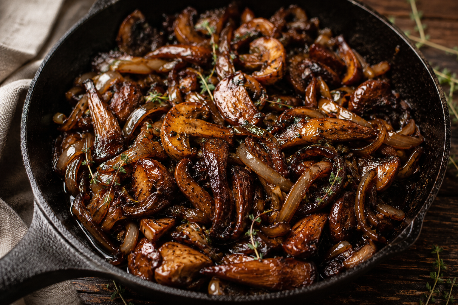 Cast iron skillet of deeply browned chestnut mushrooms with caramelized shallot, garlic, and fresh thyme